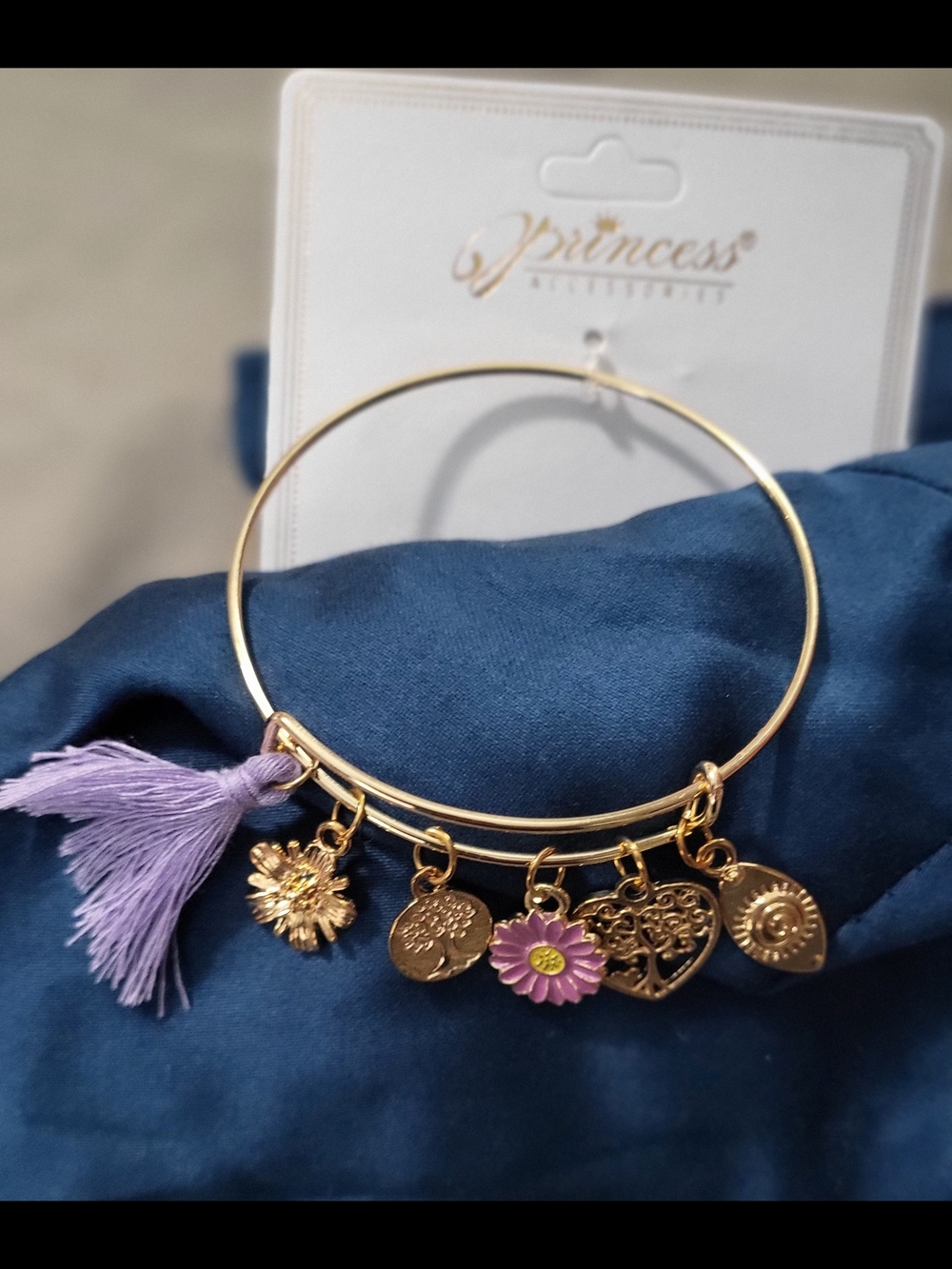 Gold Charm Bangle Bracelet with Lavender Tassel